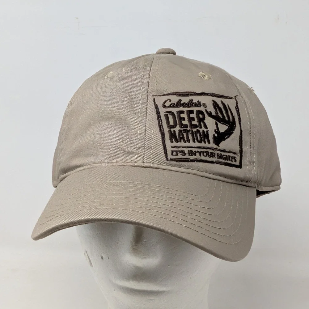 Cabelas Deer Nation Hat Mens Tan Adjustable Hunting Baseball Cap Logo Patch
